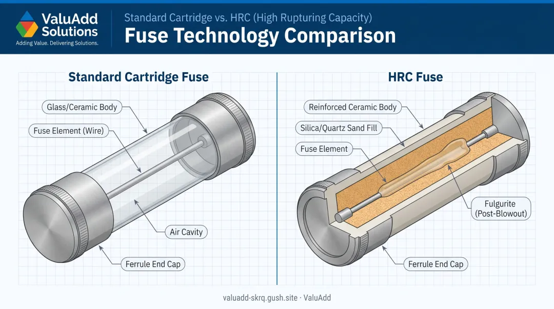 Cartridge versus HRC fuse internal construction comparison showing arc-quenching mechanism