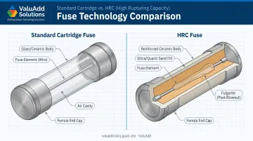 Cartridge versus HRC fuse internal construction comparison showing arc-quenching mechanism