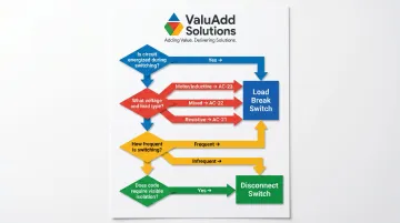 Four-factor decision framework flowchart for choosing load break or disconnect switch