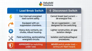 Load break switch versus disconnect switch five-attribute side-by-side comparison infographic