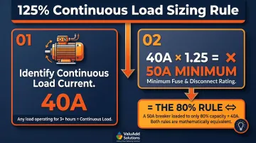 125% continuous load rule fuse sizing calculation example step-by-step