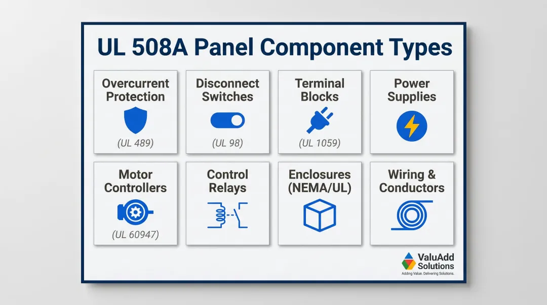 Eight core UL 508A panel component categories with listing requirements overview