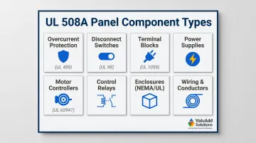Eight core UL 508A panel component categories with listing requirements overview