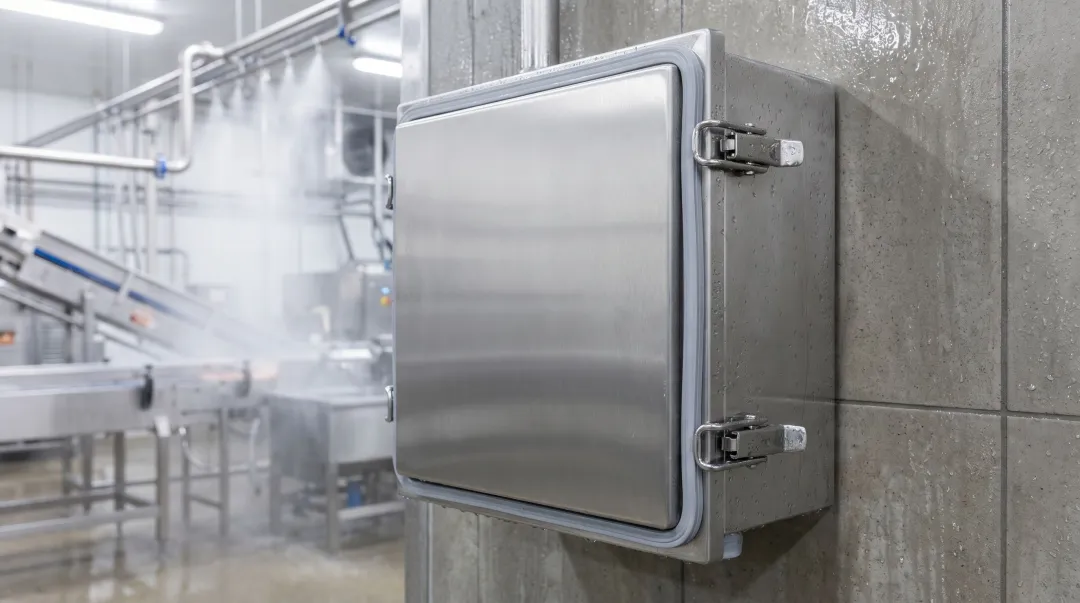 NEMA Type 4X stainless steel industrial enclosure installed in outdoor washdown environment