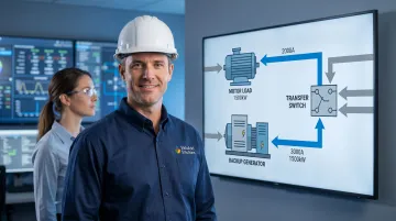 Industrial engineer coordinating motor generator and transfer switch sizing for power system