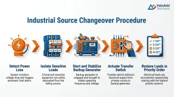 5-step industrial power changeover sequence from outage detection to load restoration