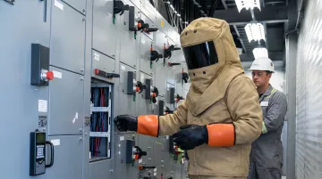 Electrician wearing arc flash PPE while operating industrial transfer switch panel