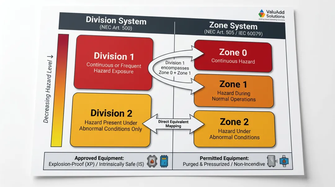 NEC hazardous area classification Division and Zone system overlap diagram for oil and gas