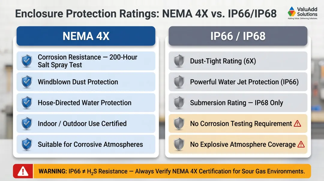 NEMA 4X versus IP66 enclosure rating comparison corrosion resistance requirements infographic