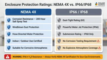 NEMA 4X versus IP66 enclosure rating comparison corrosion resistance requirements infographic