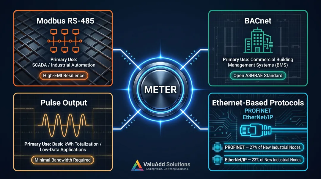 Industrial power meter communication protocols comparison Modbus BACnet Ethernet pulse output