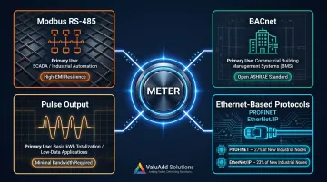 Industrial power meter communication protocols comparison Modbus BACnet Ethernet pulse output