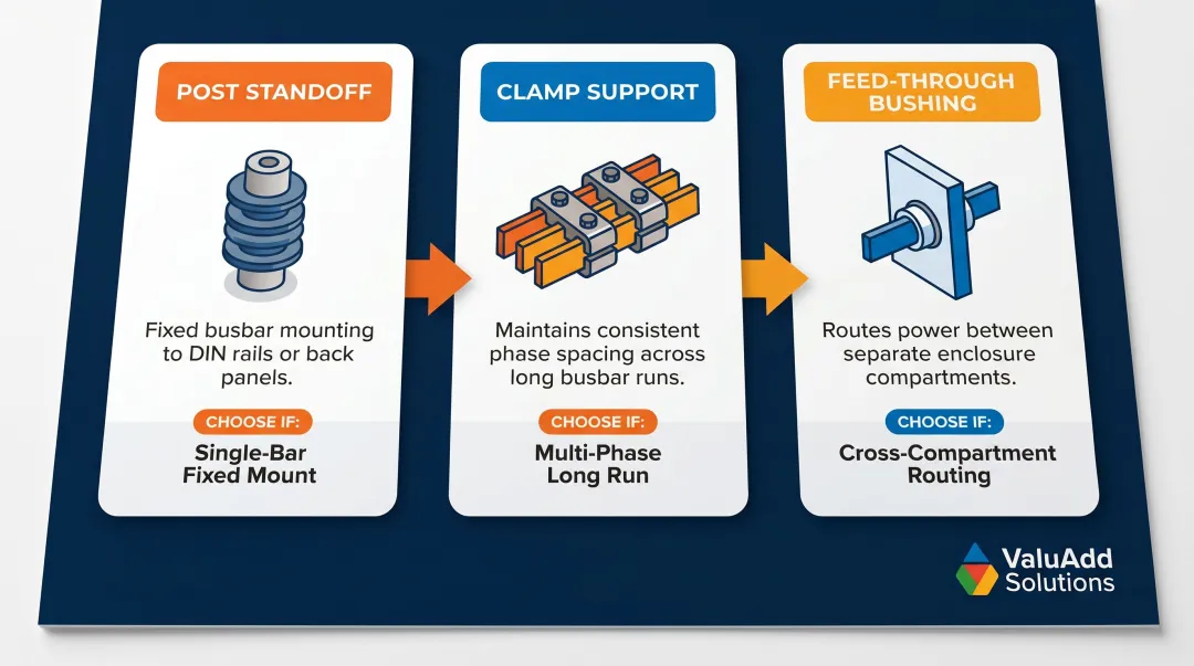 Three standoff insulator types by mounting function post clamp feedthrough selection guide