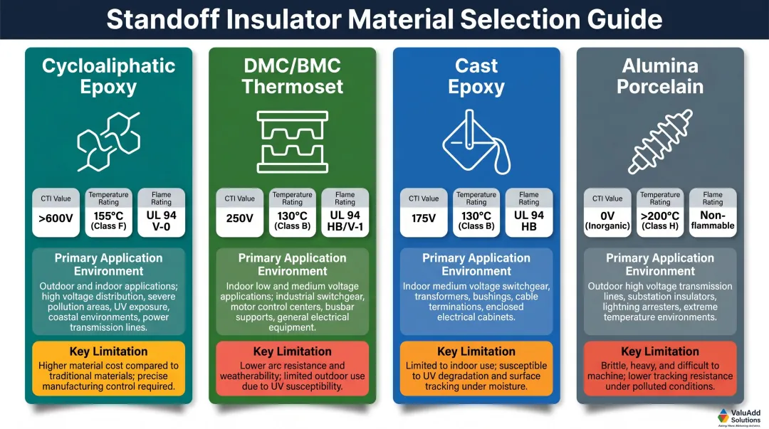 Four standoff insulator materials comparison chart properties and application environments
