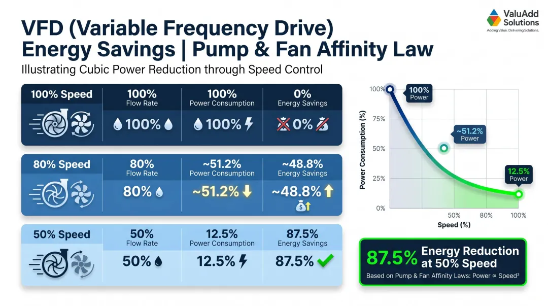 VFD affinity law energy savings chart showing speed versus power consumption reduction