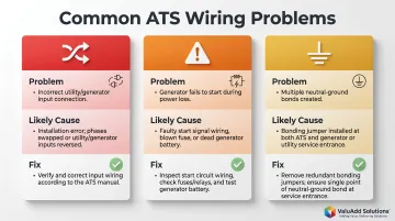 Three common ATS wiring problems causes and high-level fixes comparison chart