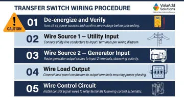 Five-step ATS power and control wiring sequence diagram for industrial installations