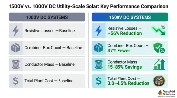 1500V versus 1000V DC solar system cost and efficiency comparison infographic