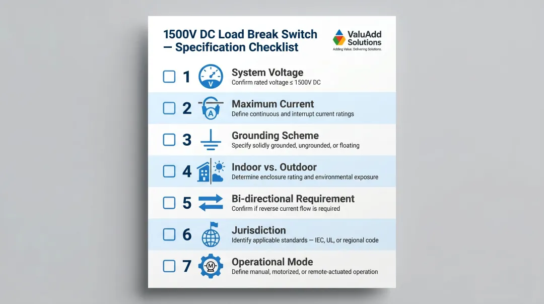 7-step 1500V DC load break switch selection checklist process flow diagram