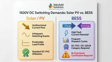 Solar PV versus BESS switching requirements comparison infographic for 1500V DC systems
