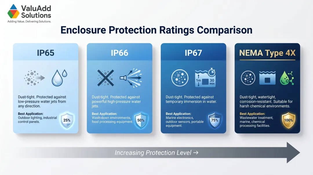 IP65 IP66 IP67 NEMA 4X enclosure rating comparison chart for outdoor solar installations
