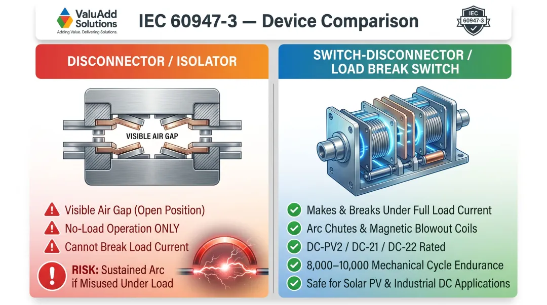 DC disconnector versus load break switch-disconnector functional comparison diagram