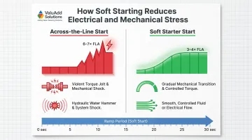 Soft starter inrush current reduction comparison versus across-the-line motor starting
