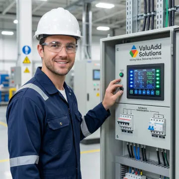 Engineer inspecting transfer switch components in industrial facility