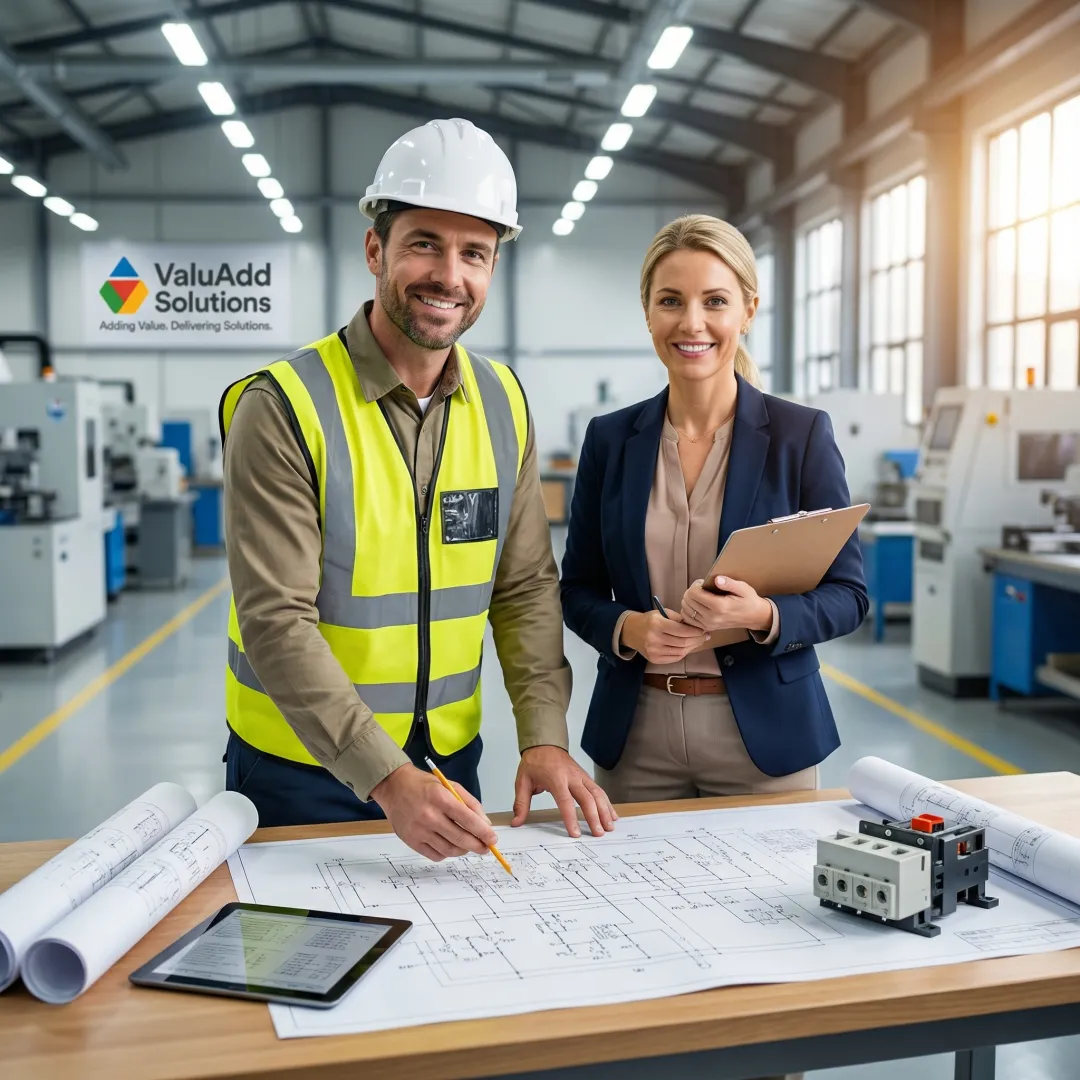 Engineer reviewing transfer switch specifications with industrial plant manager