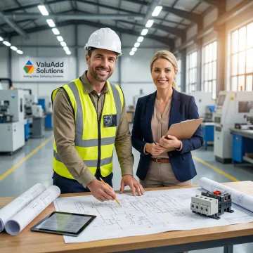 Engineer reviewing transfer switch specifications with industrial plant manager