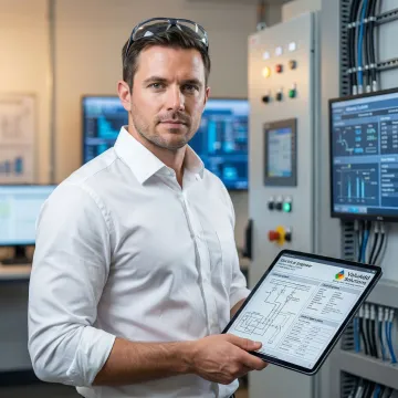 Engineer reviewing technical specifications for industrial electrical components