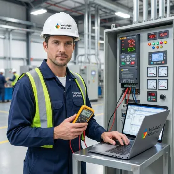 Technician performing diagnostic testing on variable frequency drive system