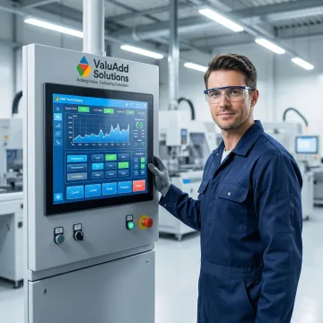 Industrial HMI touchscreen display mounted on manufacturing control panel in North Carolina facility