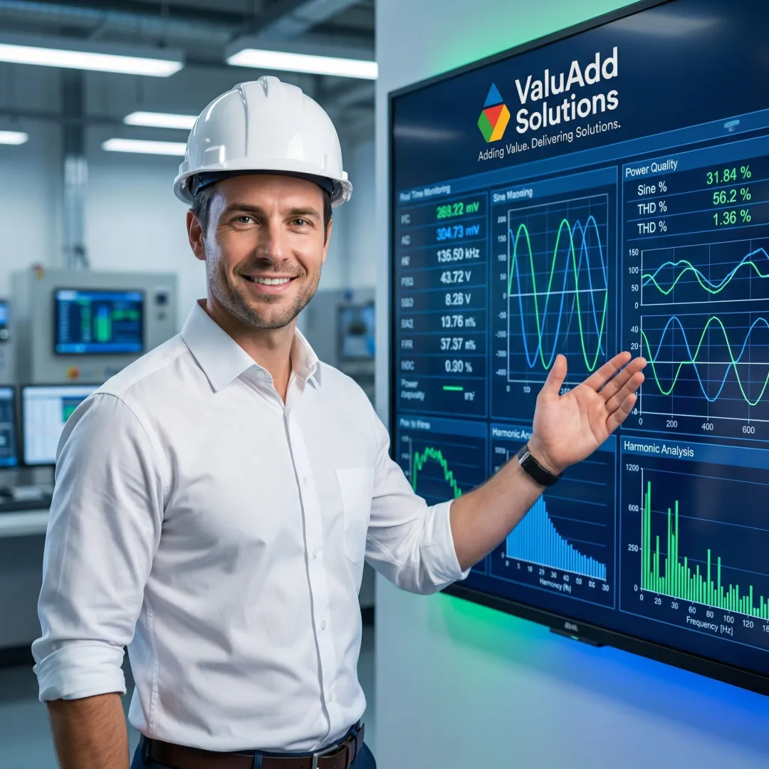 Engineer reviewing power quality data on monitoring system display