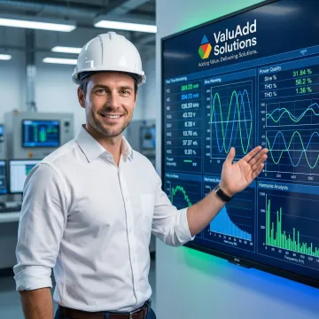 Engineer reviewing power quality data on monitoring system display