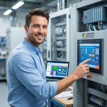 Engineer configuring industrial HMI system for manufacturing plant