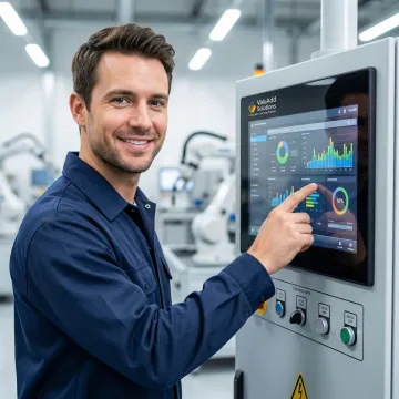 Industrial HMI touchscreen display mounted on manufacturing equipment panel