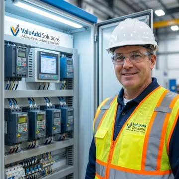 Industrial engineer examining motor control center components and electrical equipment