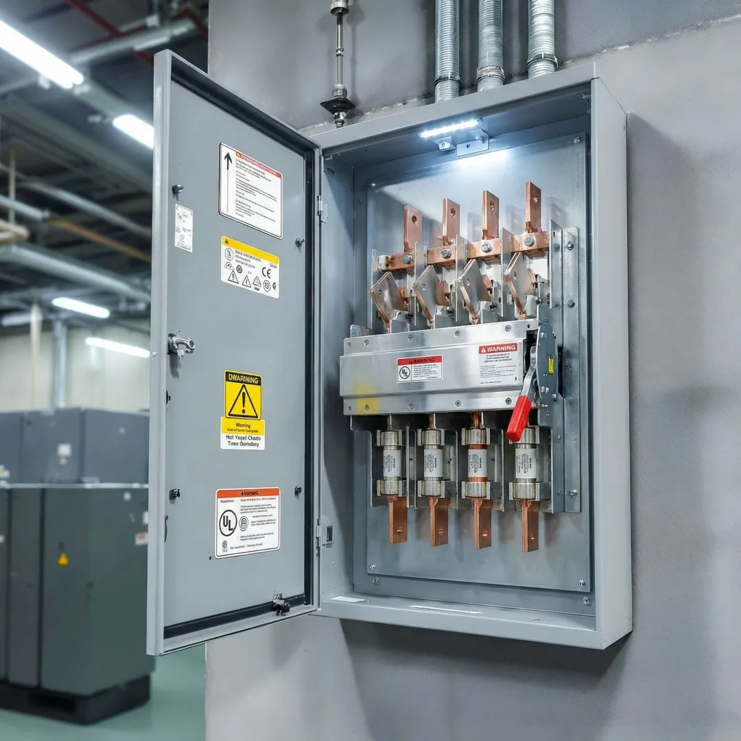 Industrial fused disconnect switch installed in electrical panel