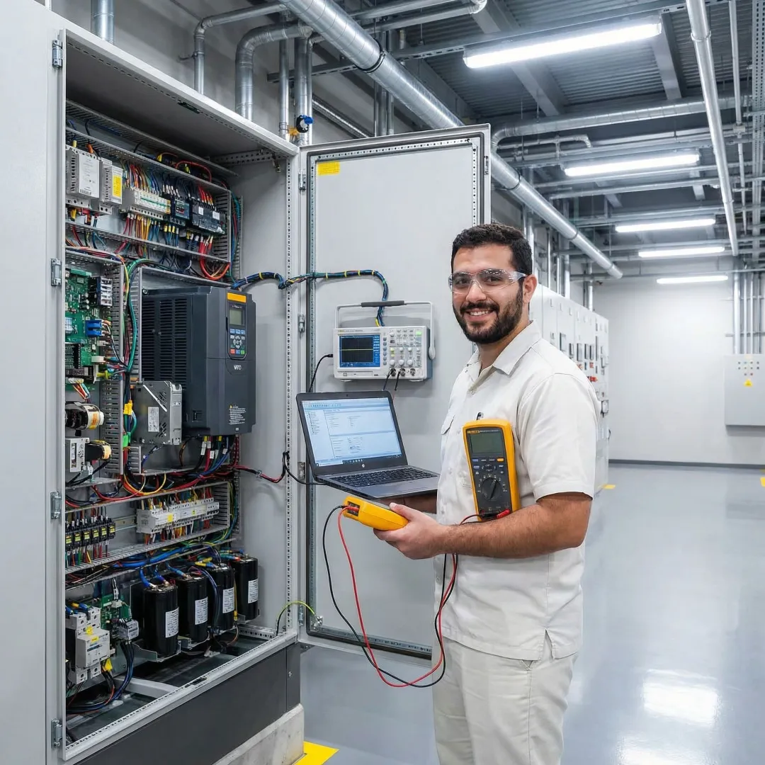 VFD technician troubleshooting industrial variable frequency drive control panel