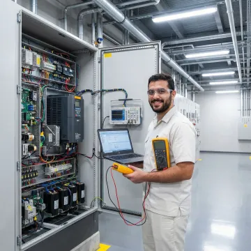 VFD technician troubleshooting industrial variable frequency drive control panel
