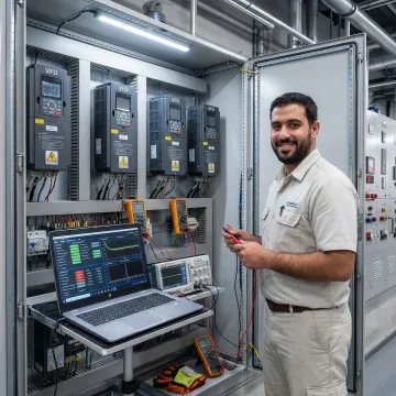 VFD technician performing diagnostic testing with multimeter and laptop