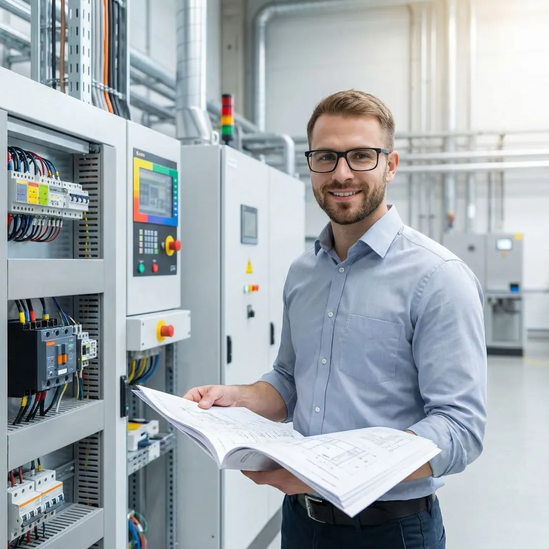 Electrical engineer reviewing component specifications with industrial equipment in background