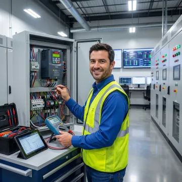 Industrial engineer troubleshooting VFD control panel in North Carolina manufacturing plant