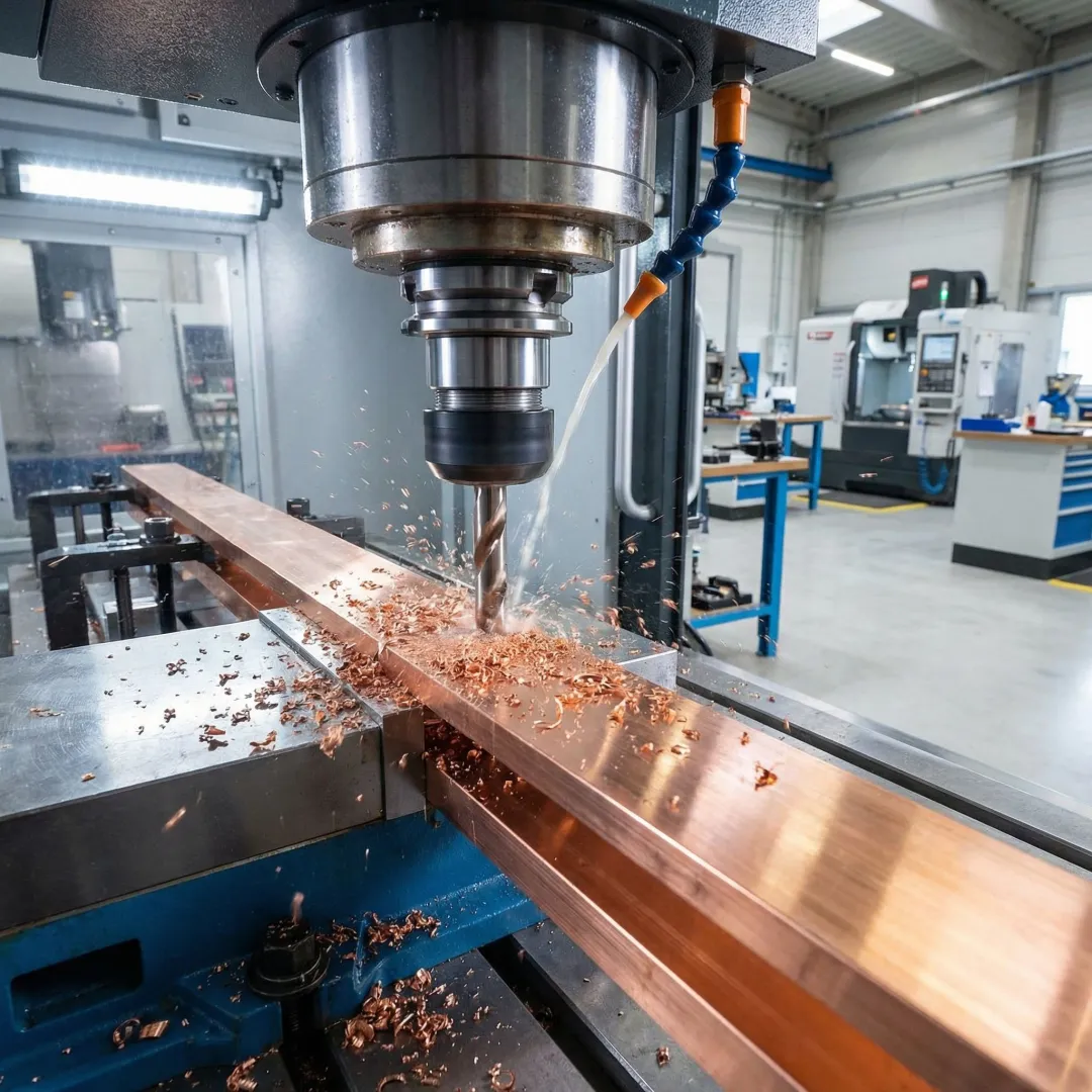 Industrial copper busbars being fabricated with precision CNC equipment