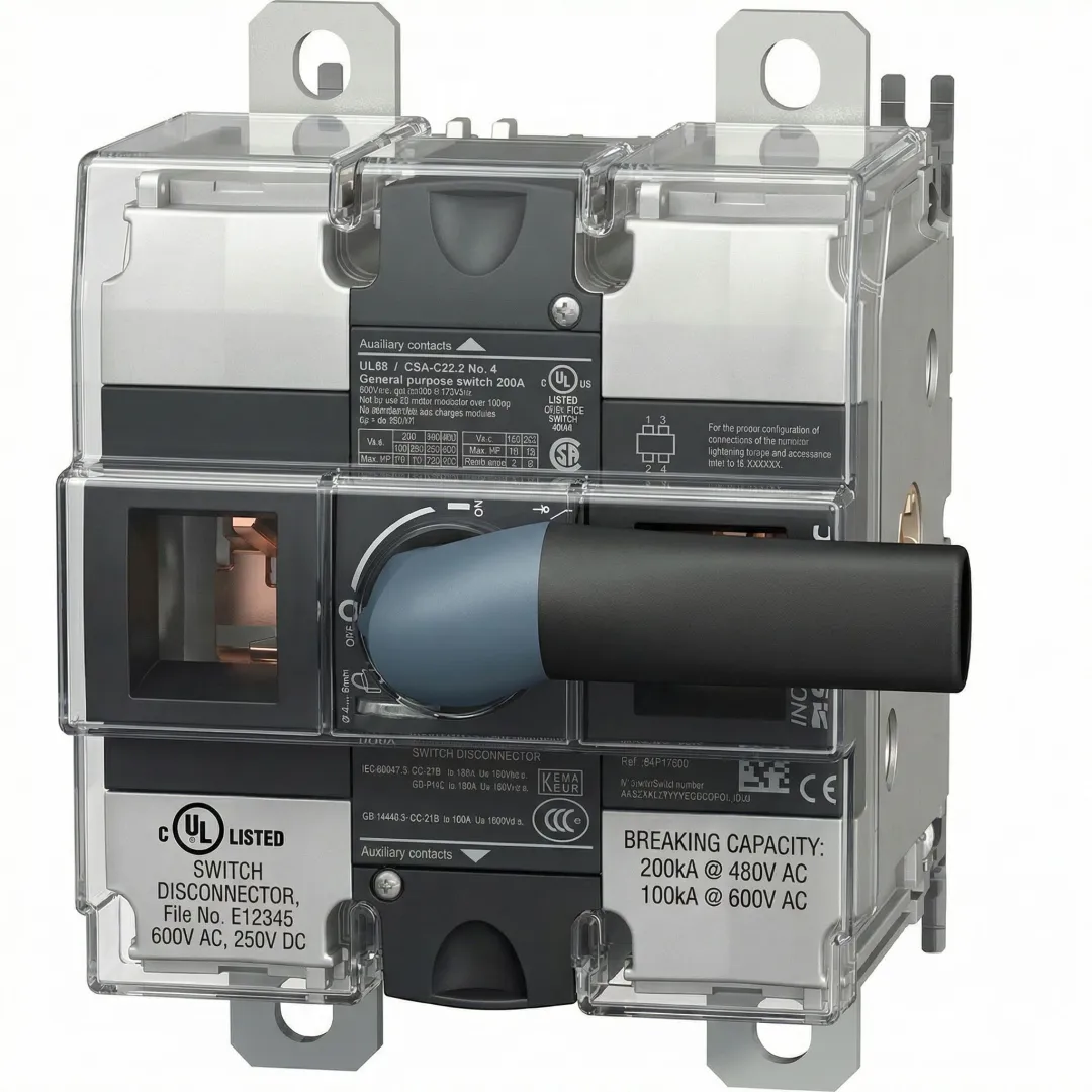 Close-up of industrial disconnect switch with visible contact position and certification labels