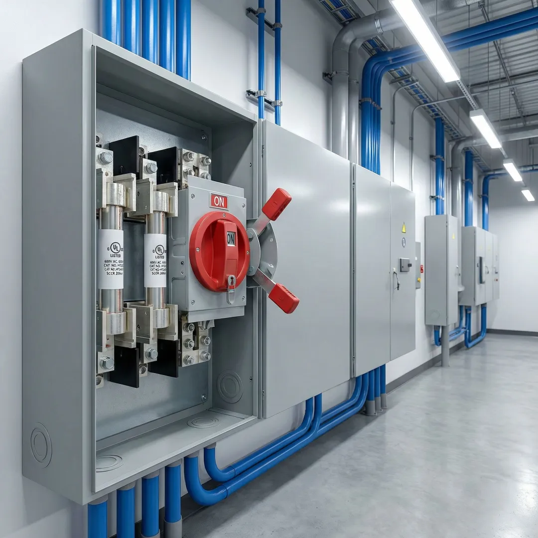 Industrial fused disconnect switch panel installation in manufacturing facility