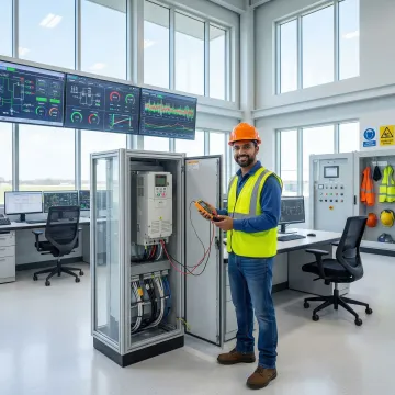Electrical engineer diagnosing VFD control panel in Virginia manufacturing facility