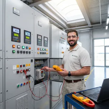 Technician performing VFD diagnostic testing with specialized equipment