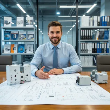Engineer reviewing automatic transfer switch specifications and system diagrams